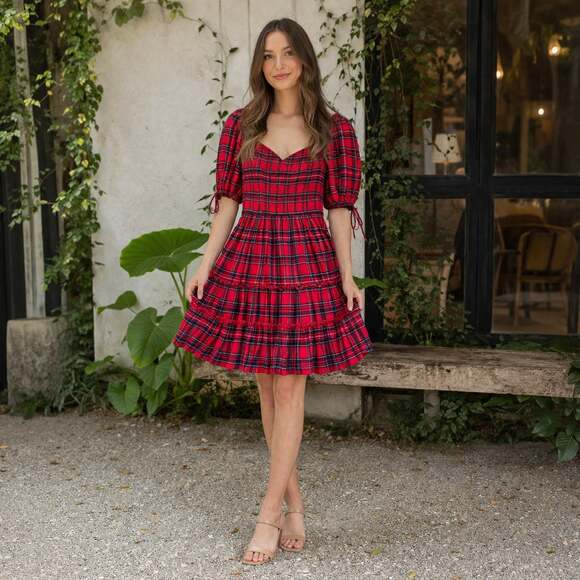JessaKae Dresses & Skirts - JessaKae Clara Plaid Smocked Puff Sleeve Tiered Dress Red Black S Boho
